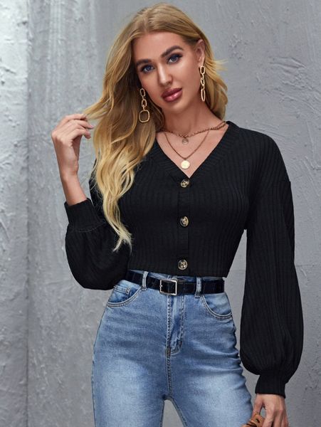 bishop sleeve button front rib-knit tee u5le#, White