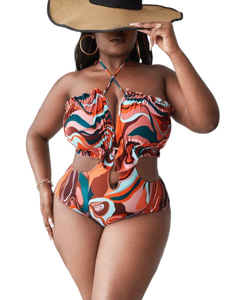 plus allover print halter backless knot frilled one piece swimsuit f1qs#, White;black
plus allover print halter backless knot frilled one piece swimsuit f1qs#, White;black