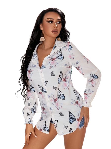 floral & butterfly print blouse y65j#, White 
floral & butterfly print blouse y65j#, White