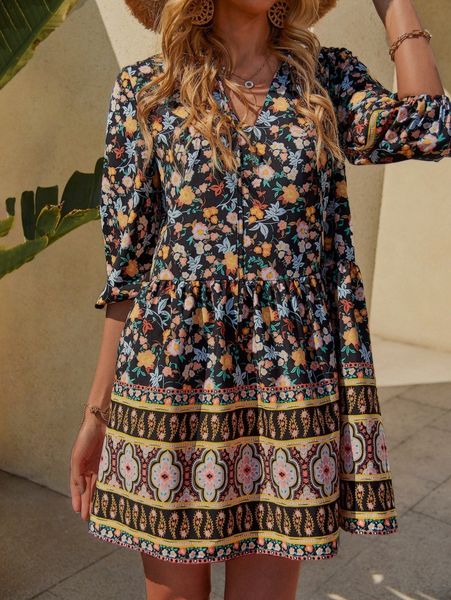floral & paisley print lantern sleeve ruffle hem smock dress 23xu#, Black;gray
floral & paisley print lantern sleeve ruffle hem smock dress 23xu#, Black;gray