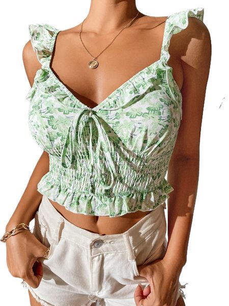 floral print shirred ruffle trim knot front crop b65v#, White
floral print shirred ruffle trim knot front crop b65v#, White