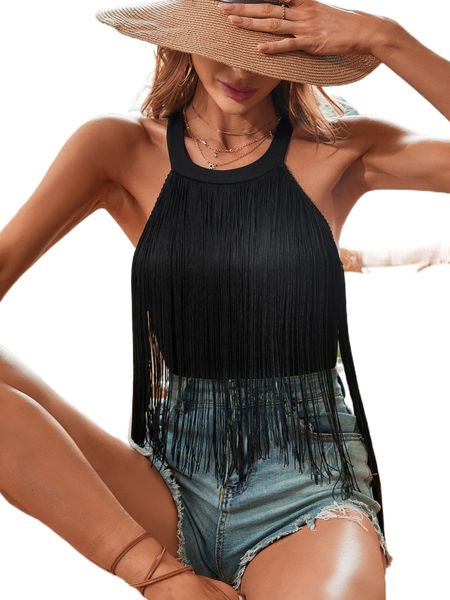 solid fringe halter l2kz#, White
solid fringe halter l2kz#, White