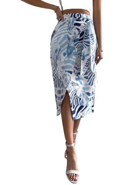random allover print wrap knot side skirt k64j#, Black