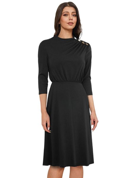 solid button detail dress l1dm#, Black;gray