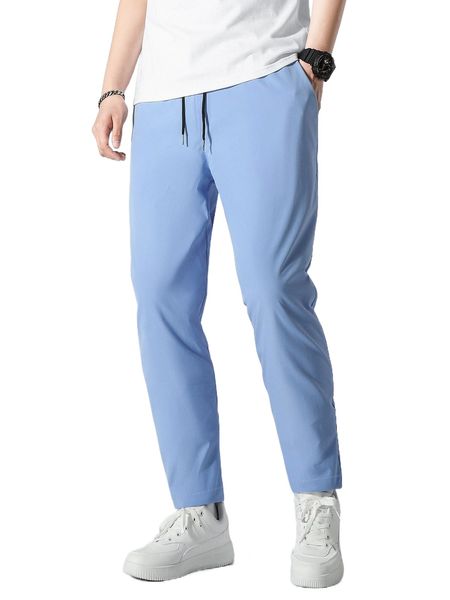 men slant pockets drawstring waist pants v2ge#, Black