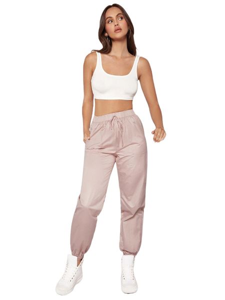 high waist knot front tapered pants r7md#, Black;white