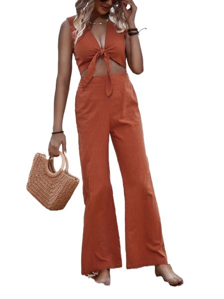 solid tie front crop tank & pants 23hd#, White 
solid tie front crop tank & pants 23hd#, White