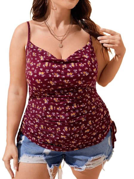plus ditsy floral draped drawstring side cami h6ag#, Black