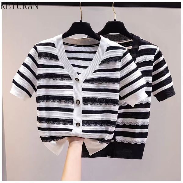 2022 summer thin ice silk lace striped knitted cardigan women v-neck single-breasted short sleeve knitwear woman, White;black
2022 summer thin ice silk lace striped knitted cardigan women v-neck single-breasted short sleeve knitwear woman, White;black