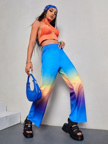 ombre elastic waist pants 37g6#, Black;white