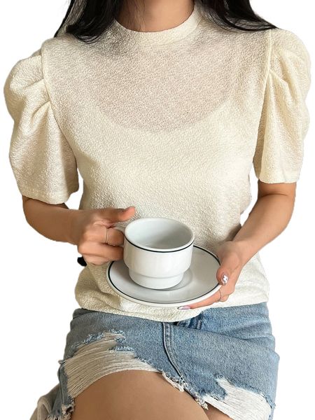 dazy puff sleeve round neck blouse t2hu#, White