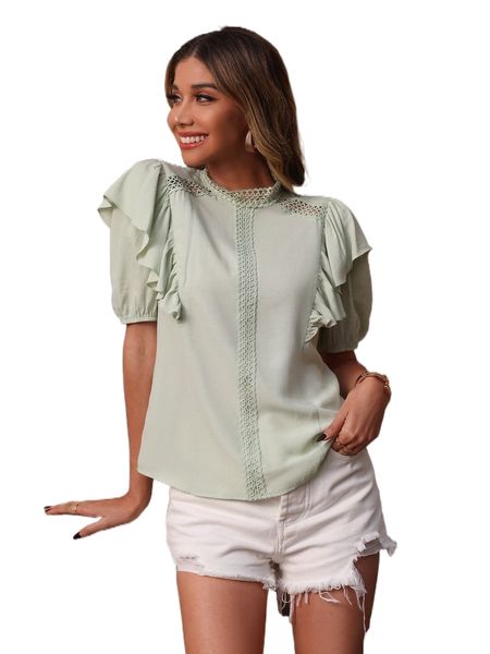 guipure lace insert ruffle trim blouse 48tf#, White