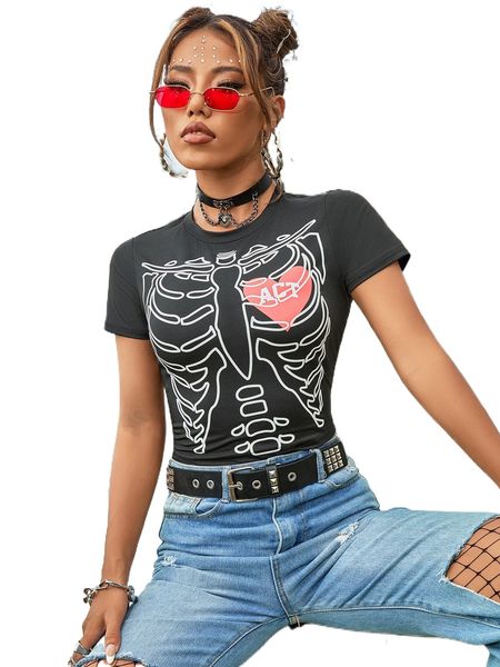 heart & skeleton print tee v0a2#, White
heart & skeleton print tee v0a2#, White