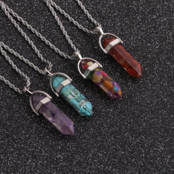 

Titanium Sport Accessories Natural Stone Hexagon Pillar Crystal Pendant Necklace Multicolor Clavicle Sweater Jewelry