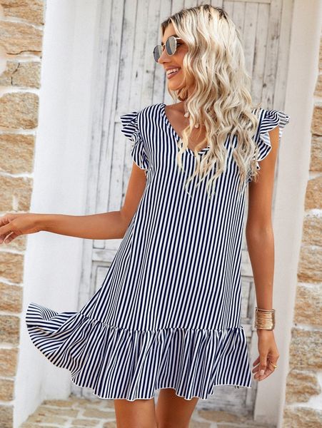 striped print ruffle trim dress e0kb#, Black;gray 
striped print ruffle trim dress e0kb#, Black;gray