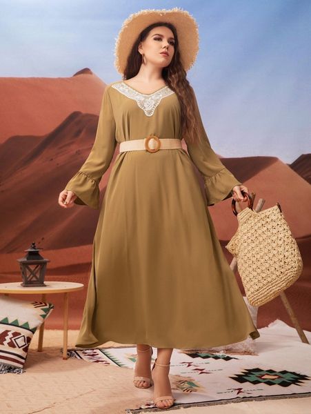 plus contrast lace flounce sleeve belted dress 16wy#, Black 
plus contrast lace flounce sleeve belted dress 16wy#, Black