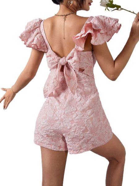 ruffle trim tie backless romper u6ma#, Black;white
