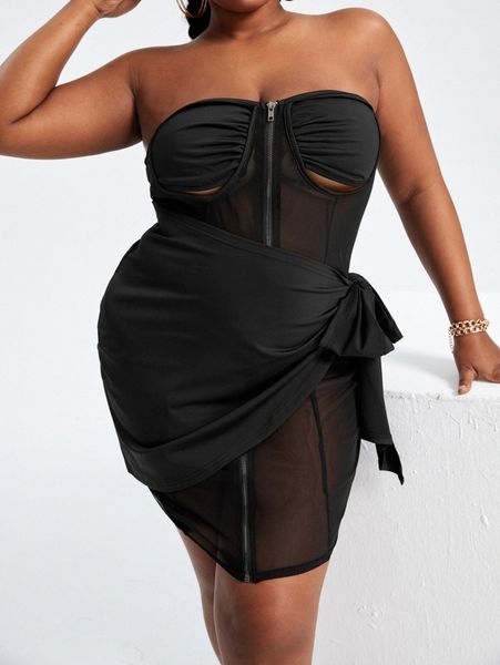 sxy plus contrast mesh wrap front zip up tube dress e6ez#, Black
sxy plus contrast mesh wrap front zip up tube dress e6ez#, Black