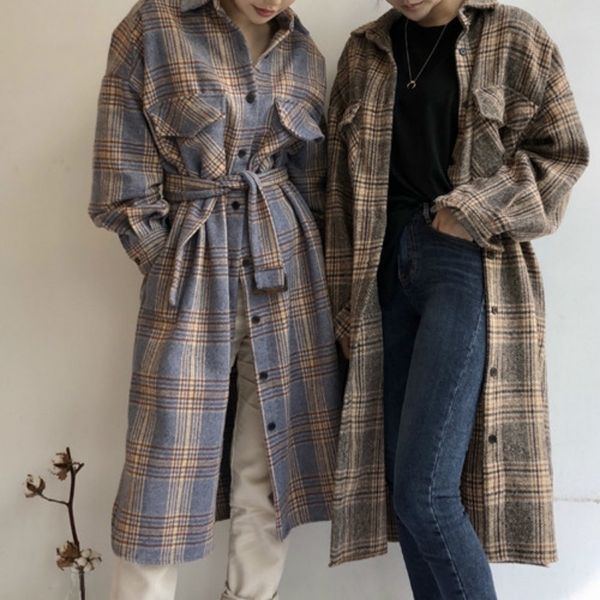 women autumn winter long woolen plaid shirt coat long sleeve plus size bandage elegant overcoat outwear vintage jacket cloak y201012, Black
women autumn winter long woolen plaid shirt coat long sleeve plus size bandage elegant overcoat outwear vintage jacket cloak y201012, Black