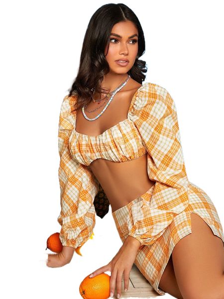 plaid print lantern sleeve ruched bust crop & split hem skirt z8y4#, White