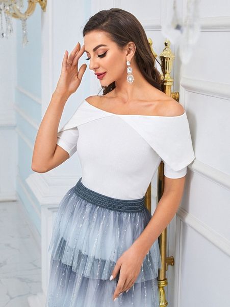 off shoulder rib-knit solid tee 272f#, White