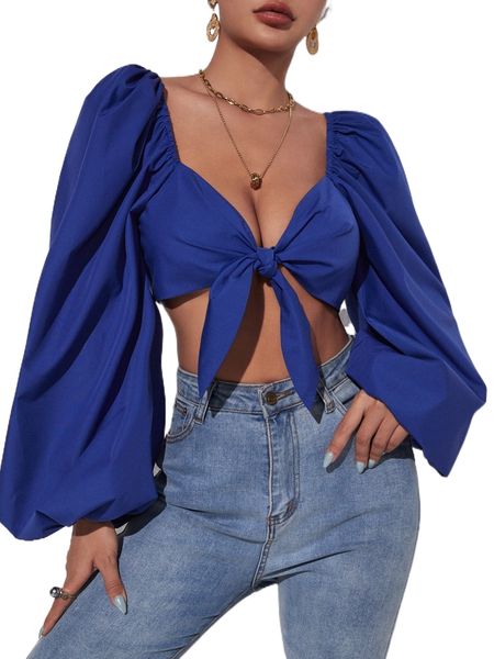 tie front bishop sleeve blouse g8m9#, White