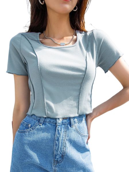 dazy stitching rib-knit crop tee i6lg#, White