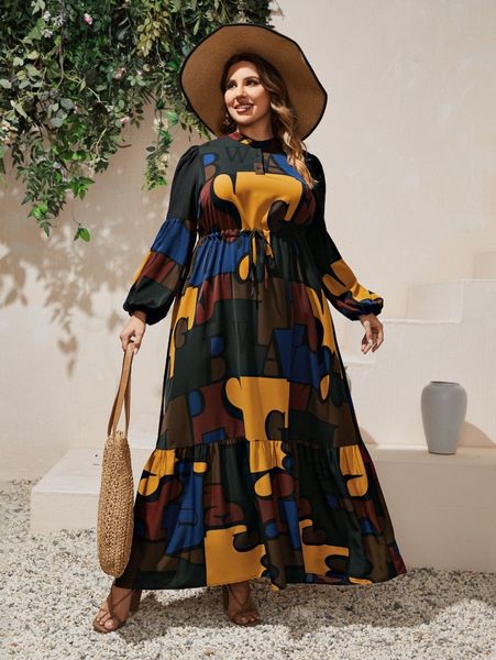 plus patchwork print bishop sleeve dress i7xm#, Black