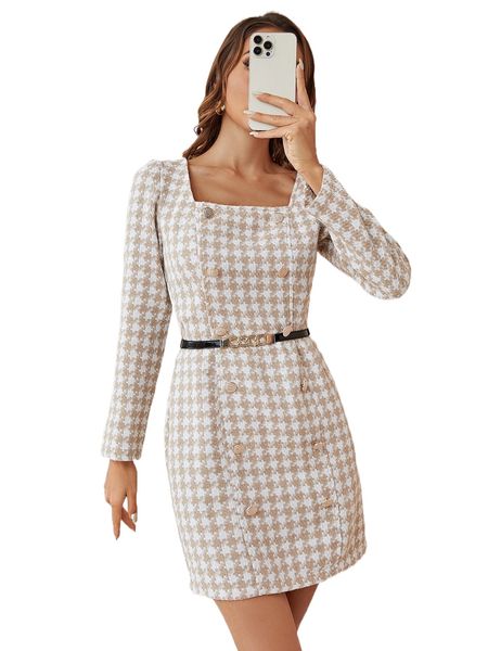 houndstooth fake button belted tweed bodycon dress t5u7#, Black;gray