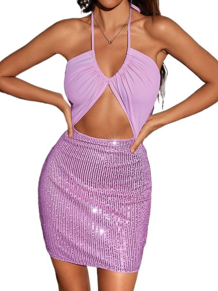 cut out tie backless sequin halter bodycon dress m8jl#, Black;gray 
cut out tie backless sequin halter bodycon dress m8jl#, Black;gray