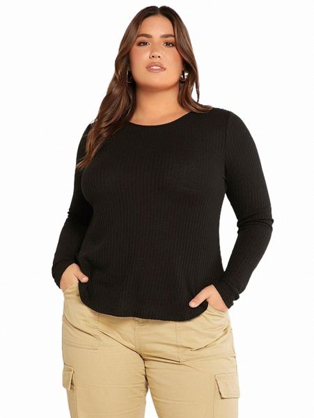 evolu plus solid ribbed knit tee 016m#, Black