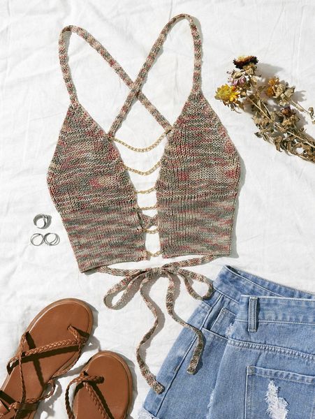 chain detail lace up crop knit m0kq#, White;black