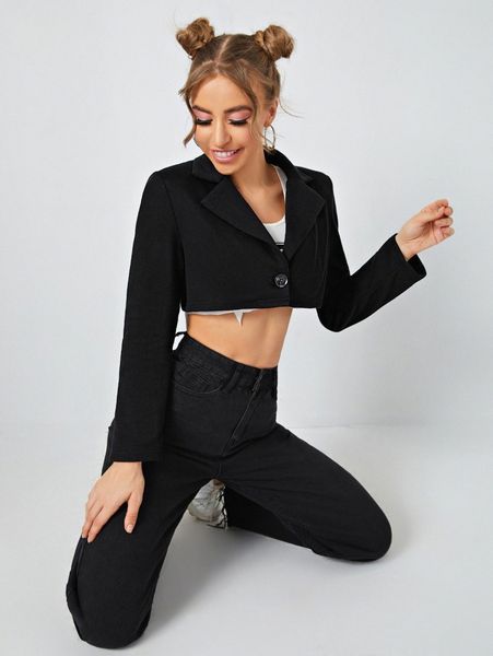 single button crop blazer x74g#, White