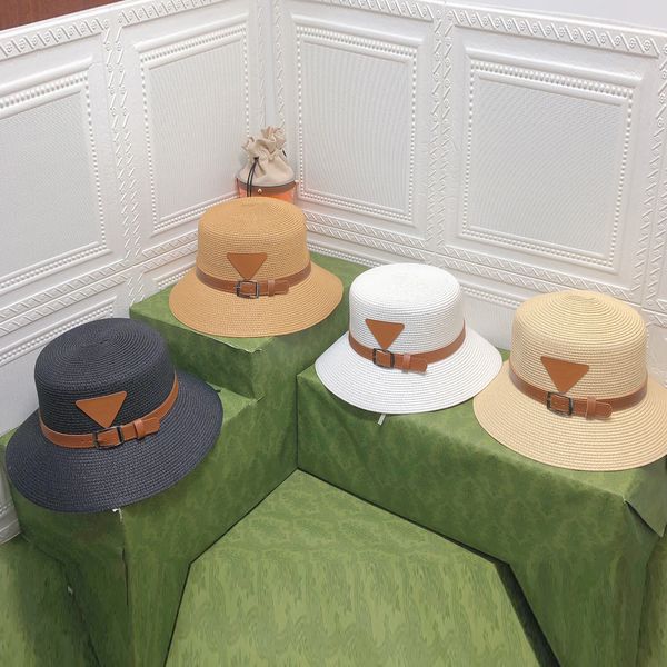 spring summer holiday basin hat hats leather belt decoration straw cap women triangular travel beach caps, Blue;gray