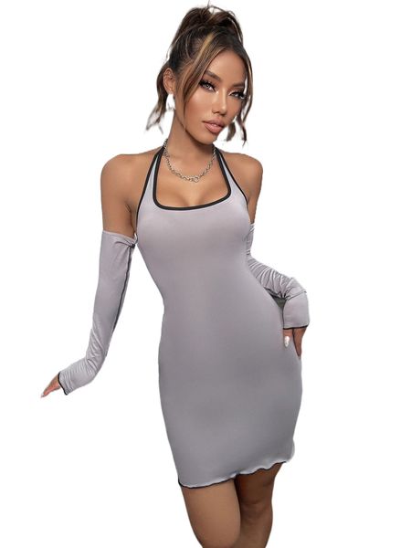 contrast binding backless halter bodycon dress with arm sleeves 110n#, Black;gray
contrast binding backless halter bodycon dress with arm sleeves 110n#, Black;gray