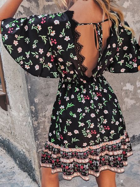 floral print eyelash lace panel tie back butterfly sleeve ruffle hem dress 24wo#, Black;gray
floral print eyelash lace panel tie back butterfly sleeve ruffle hem dress 24wo#, Black;gray