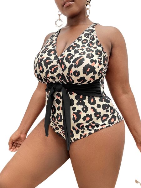 plus leopard knot front one piece swimsuit c5bm#, White;black 
plus leopard knot front one piece swimsuit c5bm#, White;black