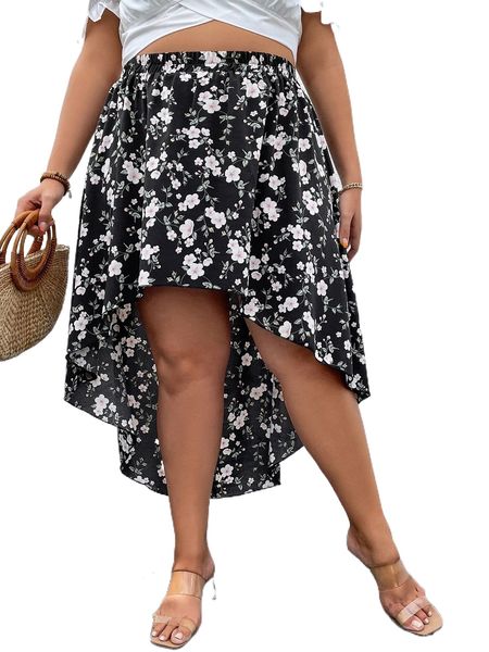 plus floral print high low hem skirt q1ma#, Black