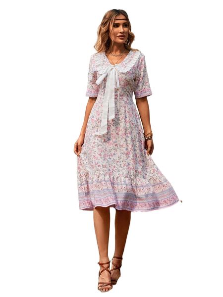allover floral print tie front peter pan collar ruffle hem dress o3zz#, Black;gray
allover floral print tie front peter pan collar ruffle hem dress o3zz#, Black;gray