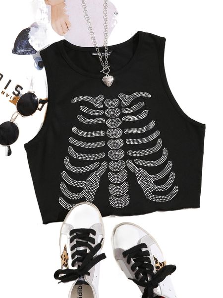 rhinestone skeleton pattern tank i5pw#, White 
rhinestone skeleton pattern tank i5pw#, White