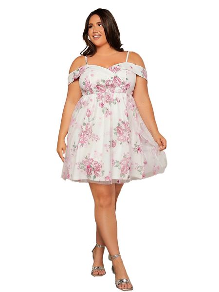 plus floral print cold shoulder mesh overlay dress h8nc#, Black