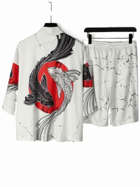 men random fish print shirt & drawstring waist shorts without tee k0gf#, Gray
