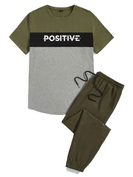men color block letter graphic tee & drawstring waist sweatpants t4hp#, Gray
men color block letter graphic tee & drawstring waist sweatpants t4hp#, Gray