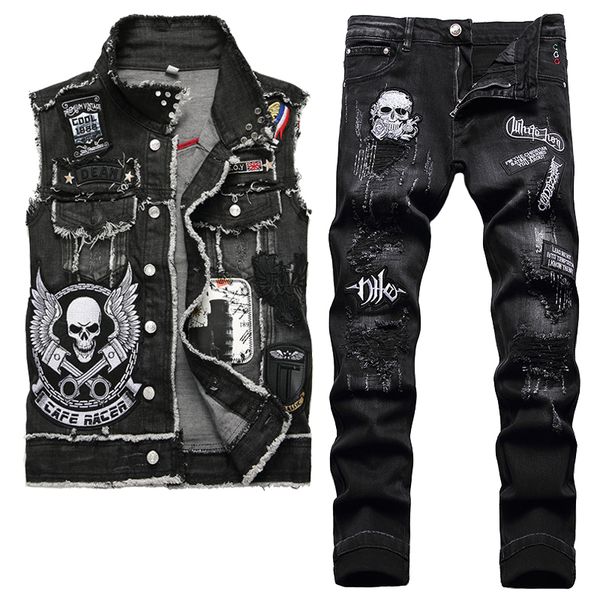 2022 tracksuits black skull embroidered men's two piece jeans sets fashion casual lapel denim vest and ripped hole pants punk conjuntos, Gray
2022 tracksuits black skull embroidered men's two piece jeans sets fashion casual lapel denim vest and ripped hole pants punk conjuntos, Gray