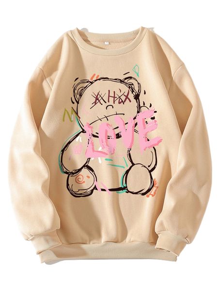 bear and letter graphic thermal pullover r42w#, Black