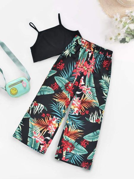 girls cami & tropical print wide leg pants she, White 
girls cami & tropical print wide leg pants she, White