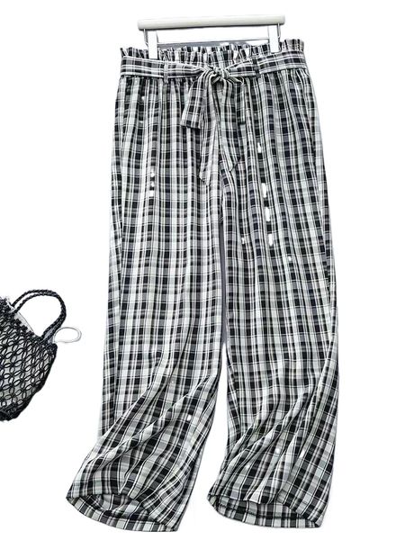 plus plaid paper bag waist belted pants d3fu#, Black