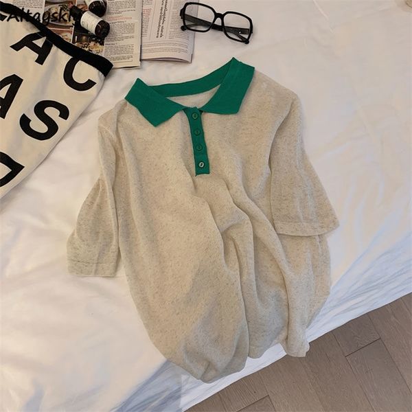 women short sleeve tshirts patchwork turndown collar students couple tees button soft leisure hipster female 220620, White
women short sleeve tshirts patchwork turndown collar students couple tees button soft leisure hipster female 220620, White