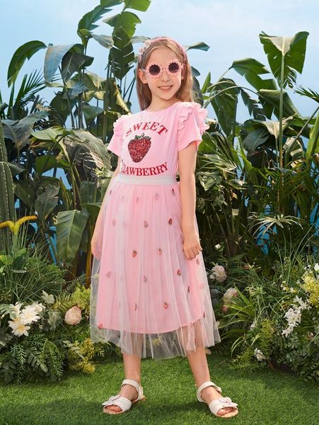 girls contrast sequins letter graphic tee & strawberry embroidered mesh skirt she, White
girls contrast sequins letter graphic tee & strawberry embroidered mesh skirt she, White