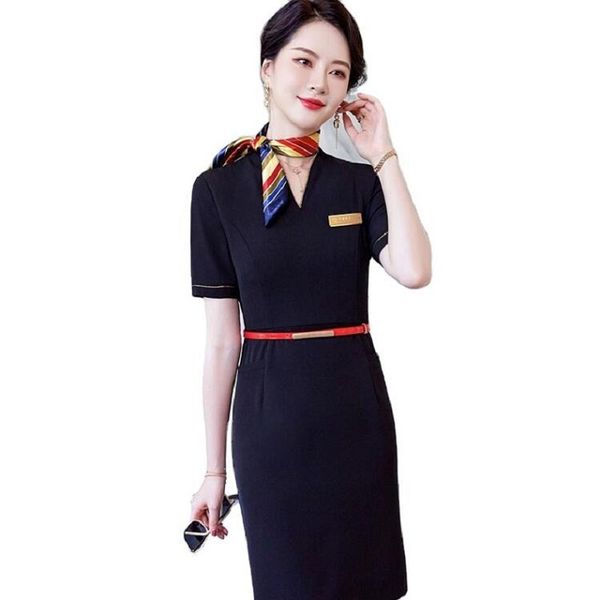 quality occupation dress lady summer work dress airport l front desk stewardess uniform, White;black
quality occupation dress lady summer work dress airport l front desk stewardess uniform, White;black